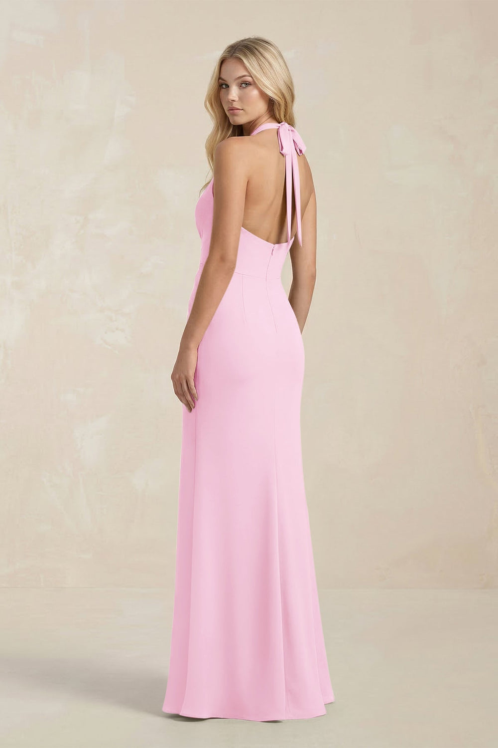 Ruched V - Neck Sheath Bridesmaid Dress With Bow in Pink - KISS BRIDAL Bridesmaid Dresses
