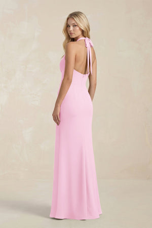 Ruched V - Neck Sheath Bridesmaid Dress With Bow in Pink - KISS BRIDAL Bridesmaid Dresses