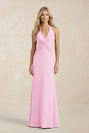Ruched V - Neck Sheath Bridesmaid Dress With Bow in Pink - KISS BRIDAL Bridesmaid Dresses