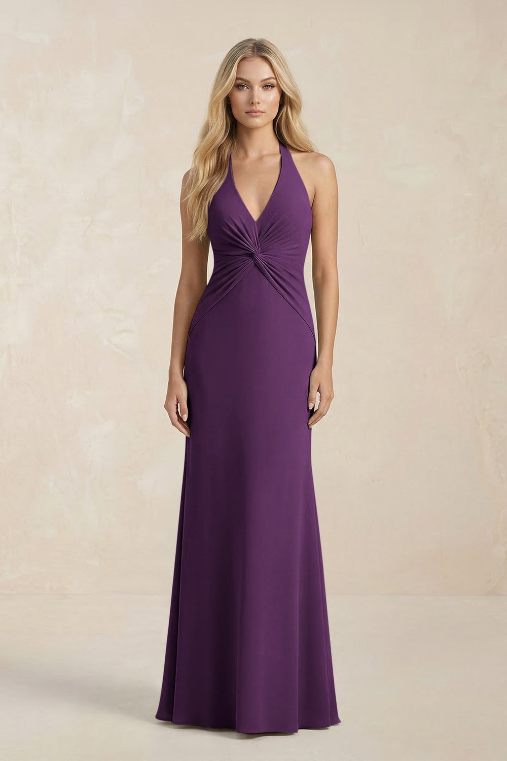 Ruched V - Neck Sheath Bridesmaid Dress With Bow in Plum - KISS BRIDAL Bridesmaid Dresses