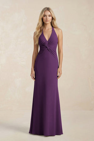 Ruched V - Neck Sheath Bridesmaid Dress With Bow in Plum - KISS BRIDAL Bridesmaid Dresses