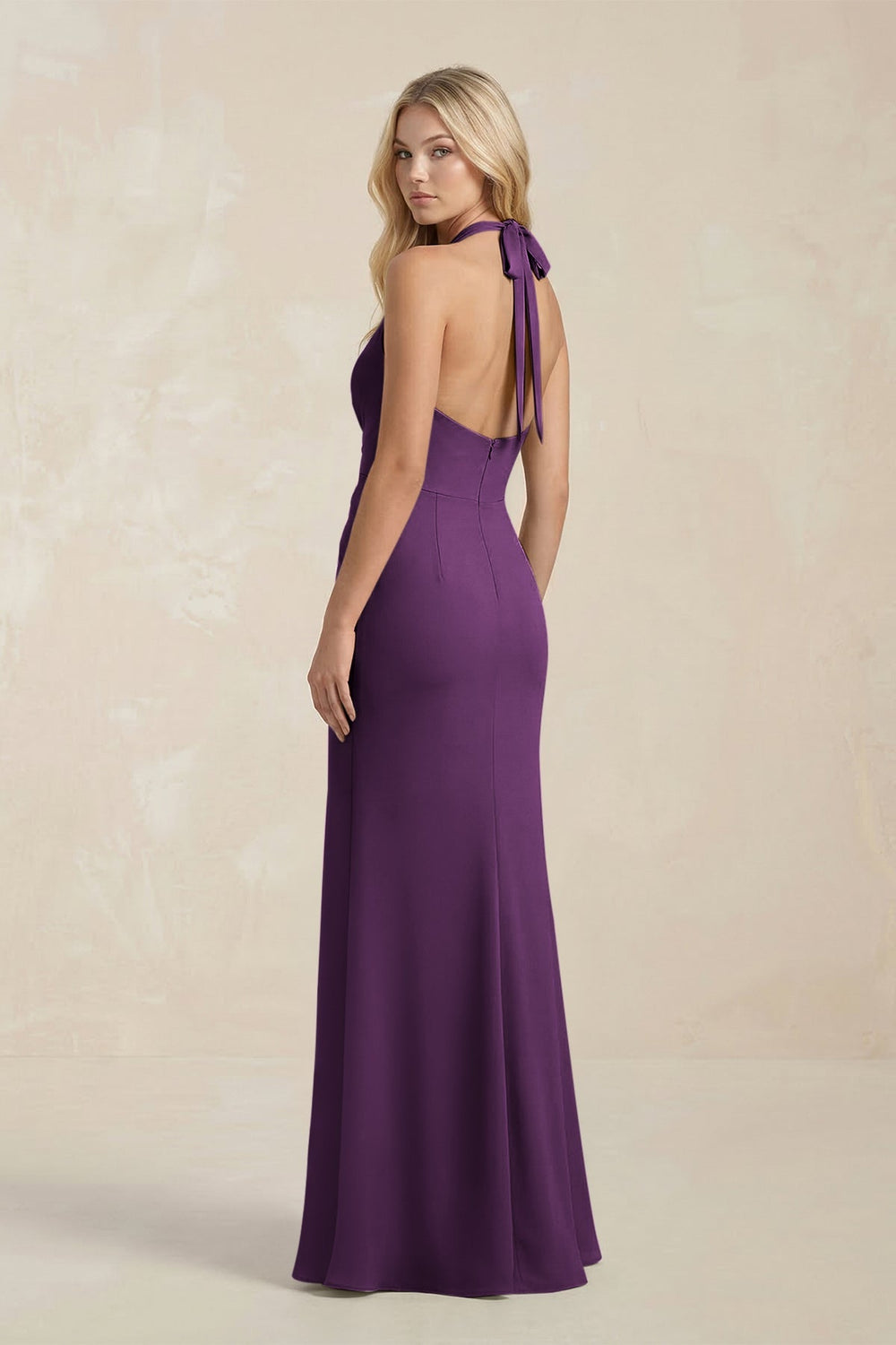 Ruched V - Neck Sheath Bridesmaid Dress With Bow in Plum - KISS BRIDAL Bridesmaid Dresses