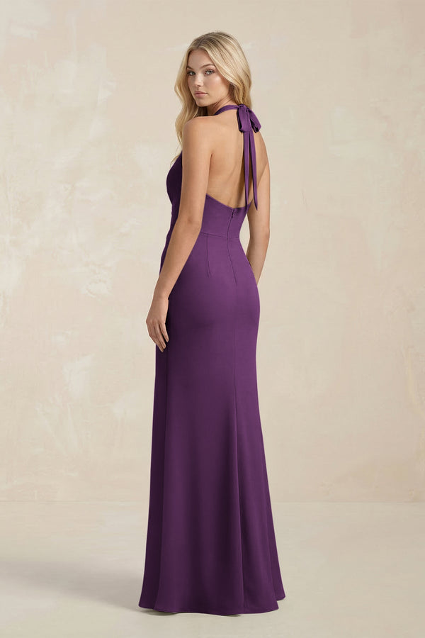Ruched V - Neck Sheath Bridesmaid Dress With Bow in Plum - KISS BRIDAL Bridesmaid Dresses
