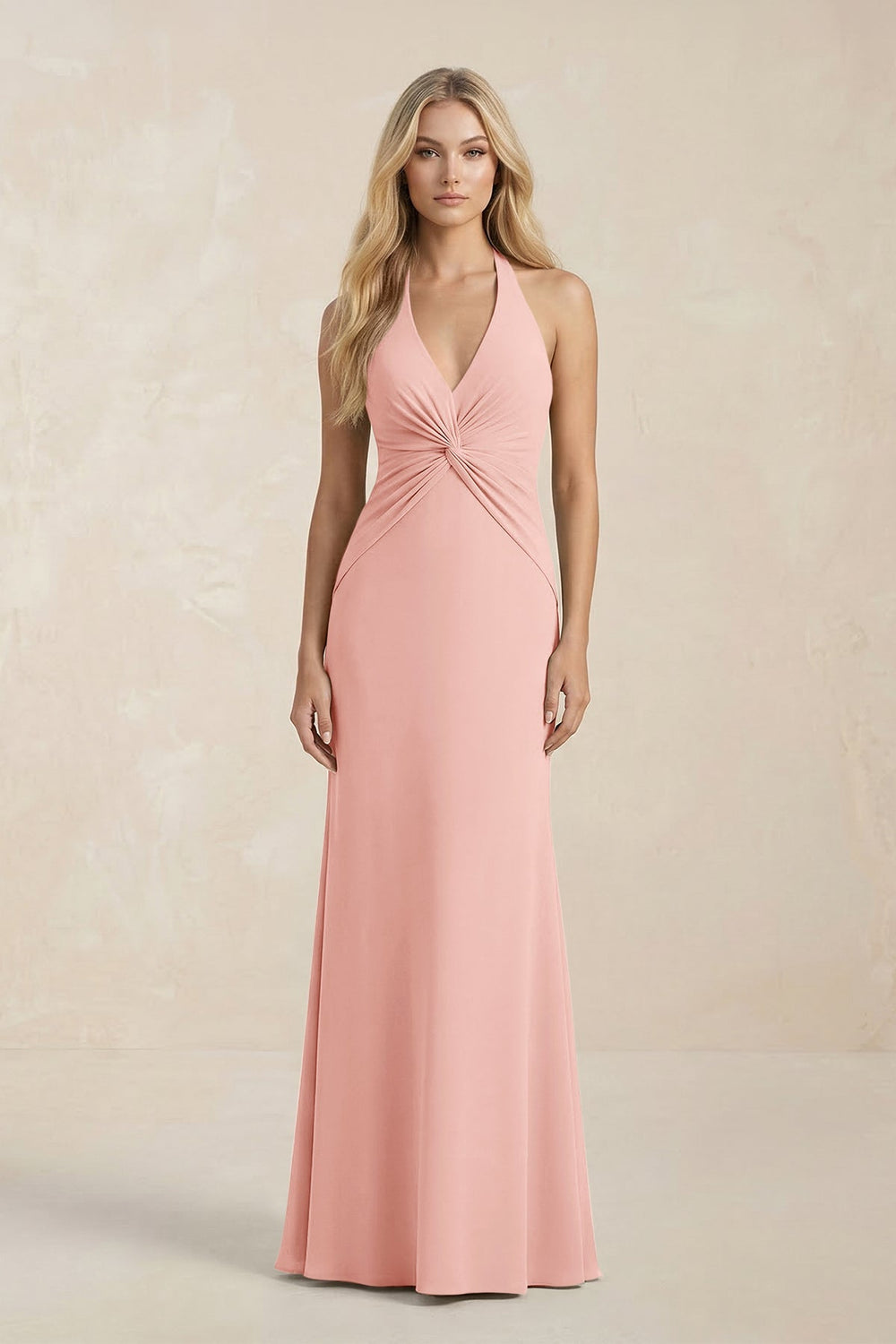 Ruched V - Neck Sheath Bridesmaid Dress With Bow in Rose Petal - KISS BRIDAL Bridesmaid Dresses