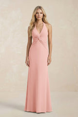 Ruched V - Neck Sheath Bridesmaid Dress With Bow in Rose Petal - KISS BRIDAL Bridesmaid Dresses