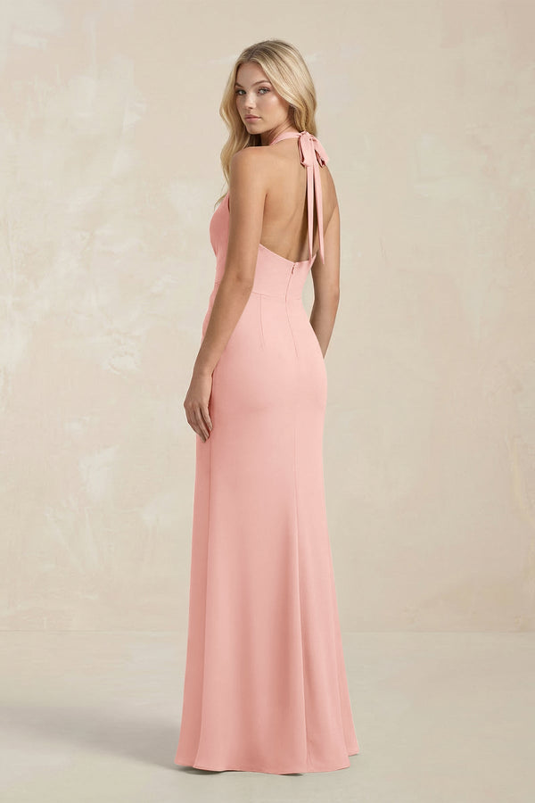 Ruched V - Neck Sheath Bridesmaid Dress With Bow in Rose Petal - KISS BRIDAL Bridesmaid Dresses