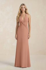 Ruched V - Neck Sheath Bridesmaid Dress With Bow in Rosette - KISS BRIDAL Bridesmaid Dresses