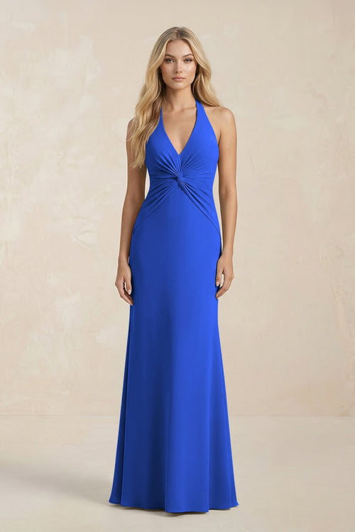 Ruched V - Neck Sheath Bridesmaid Dress With Bow in Royal Blue - KISS BRIDAL Bridesmaid Dresses