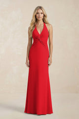 Ruched V - Neck Sheath Bridesmaid Dress With Bow in Ruby Red - KISS BRIDAL Bridesmaid Dresses