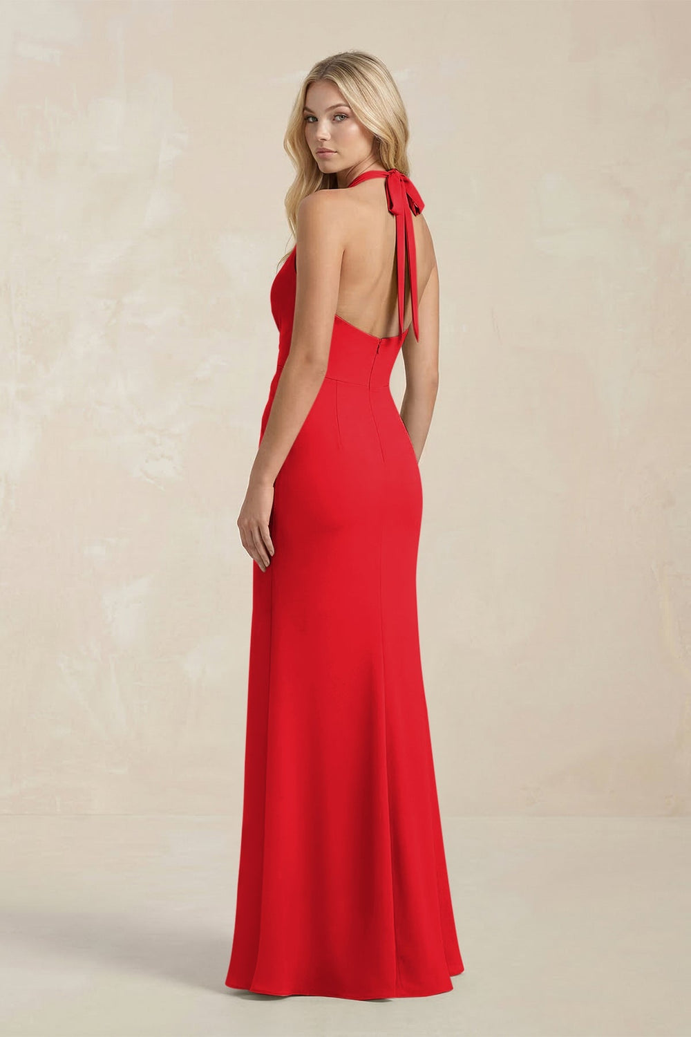 Ruched V - Neck Sheath Bridesmaid Dress With Bow in Ruby Red - KISS BRIDAL Bridesmaid Dresses