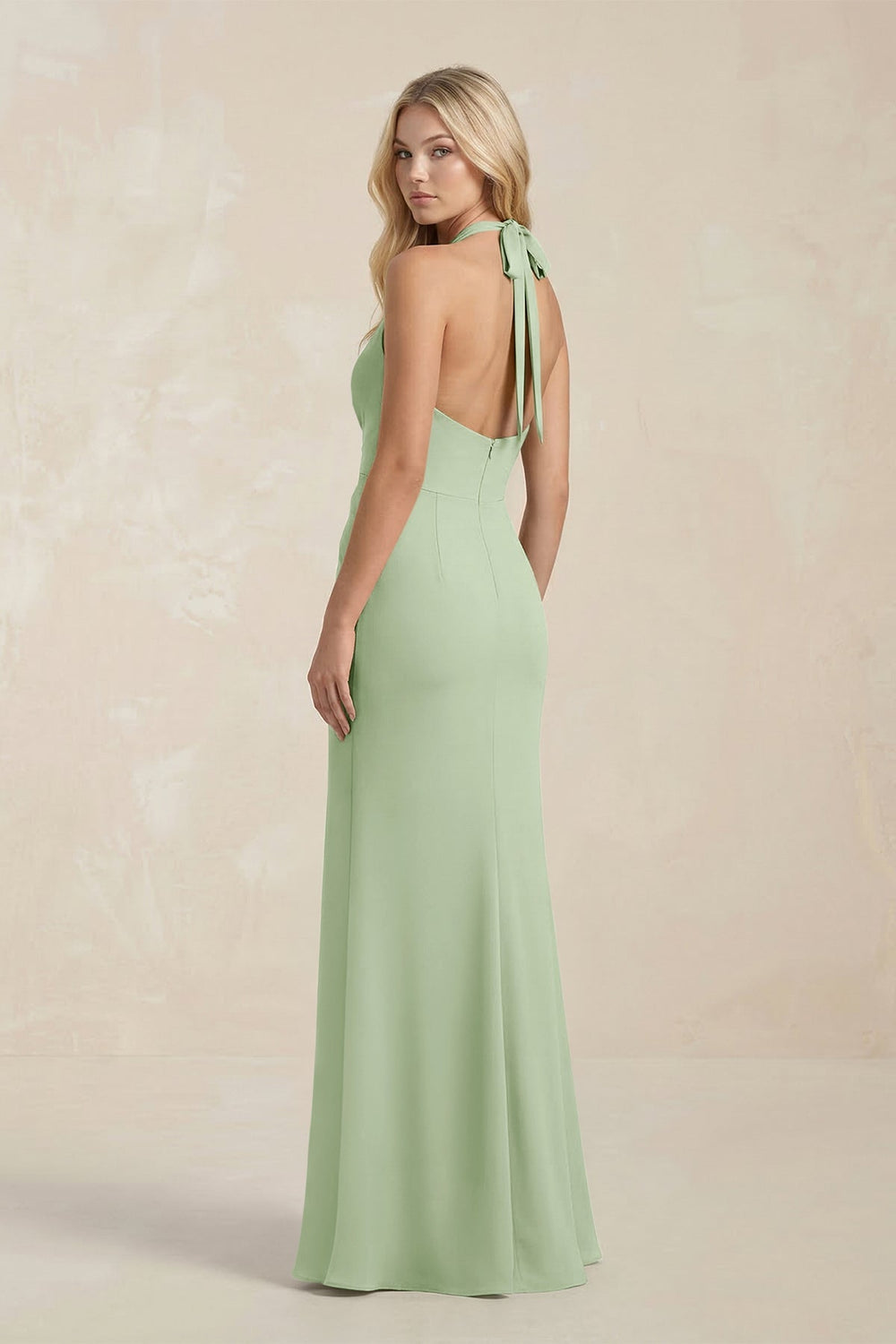 Ruched V - Neck Sheath Bridesmaid Dress With Bow in Sage - KISS BRIDAL Bridesmaid Dresses