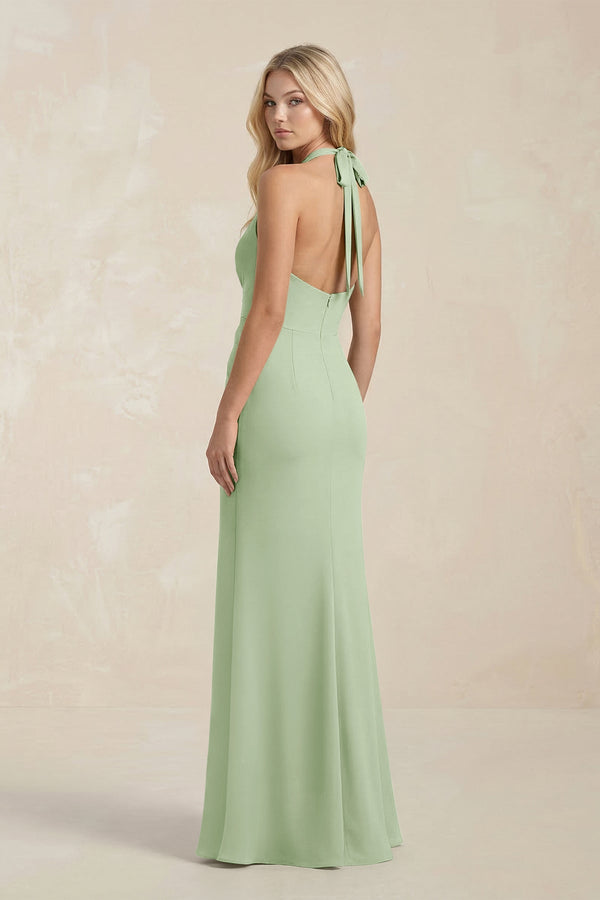 Ruched V - Neck Sheath Bridesmaid Dress With Bow in Sage - KISS BRIDAL Bridesmaid Dresses