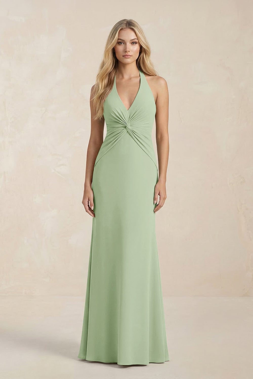 Ruched V - Neck Sheath Bridesmaid Dress With Bow in Sage - KISS BRIDAL Bridesmaid Dresses