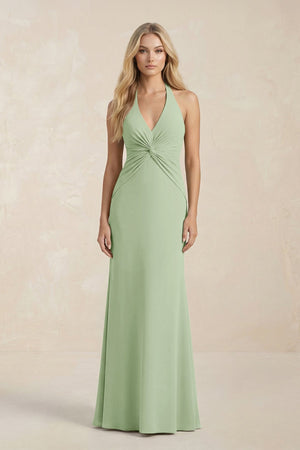 Ruched V - Neck Sheath Bridesmaid Dress With Bow in Sage - KISS BRIDAL Bridesmaid Dresses