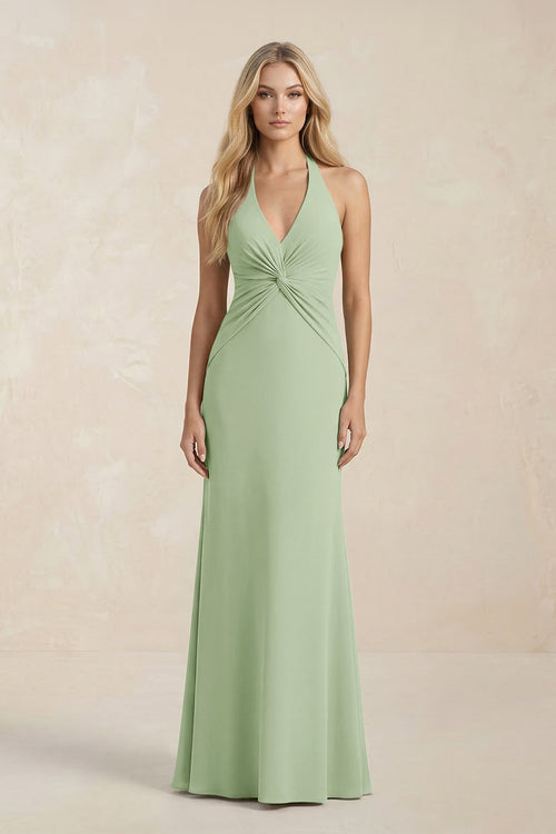 Ruched V - Neck Sheath Bridesmaid Dress With Bow in Sage - KISS BRIDAL Bridesmaid Dresses