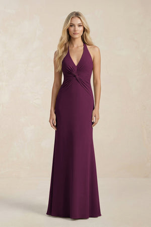 Ruched V - Neck Sheath Bridesmaid Dress With Bow in Sangria - KISS BRIDAL Bridesmaid Dresses