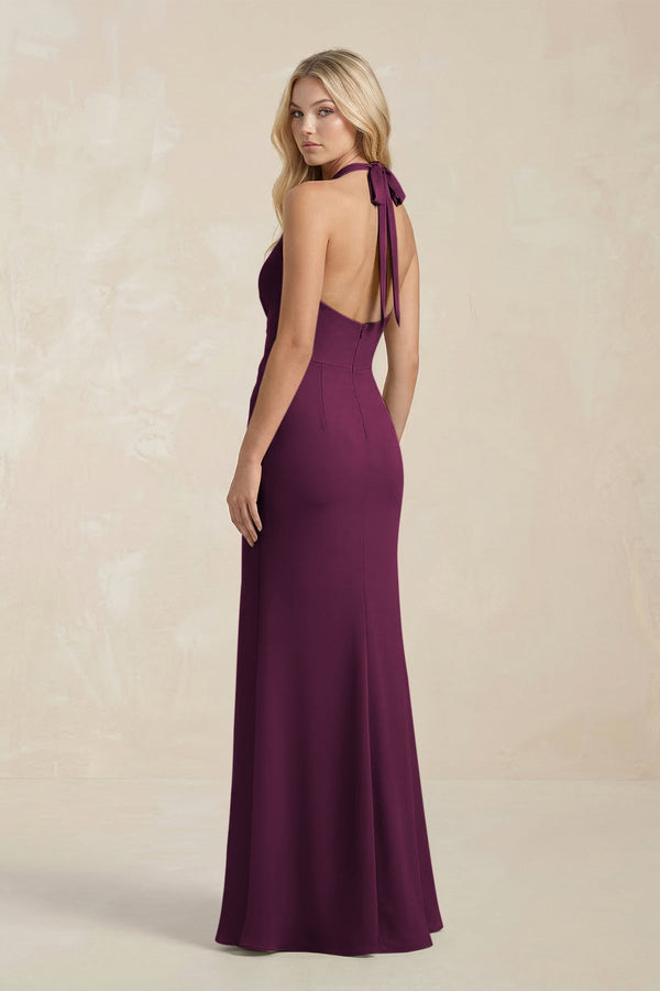 Ruched V - Neck Sheath Bridesmaid Dress With Bow in Sangria - KISS BRIDAL Bridesmaid Dresses