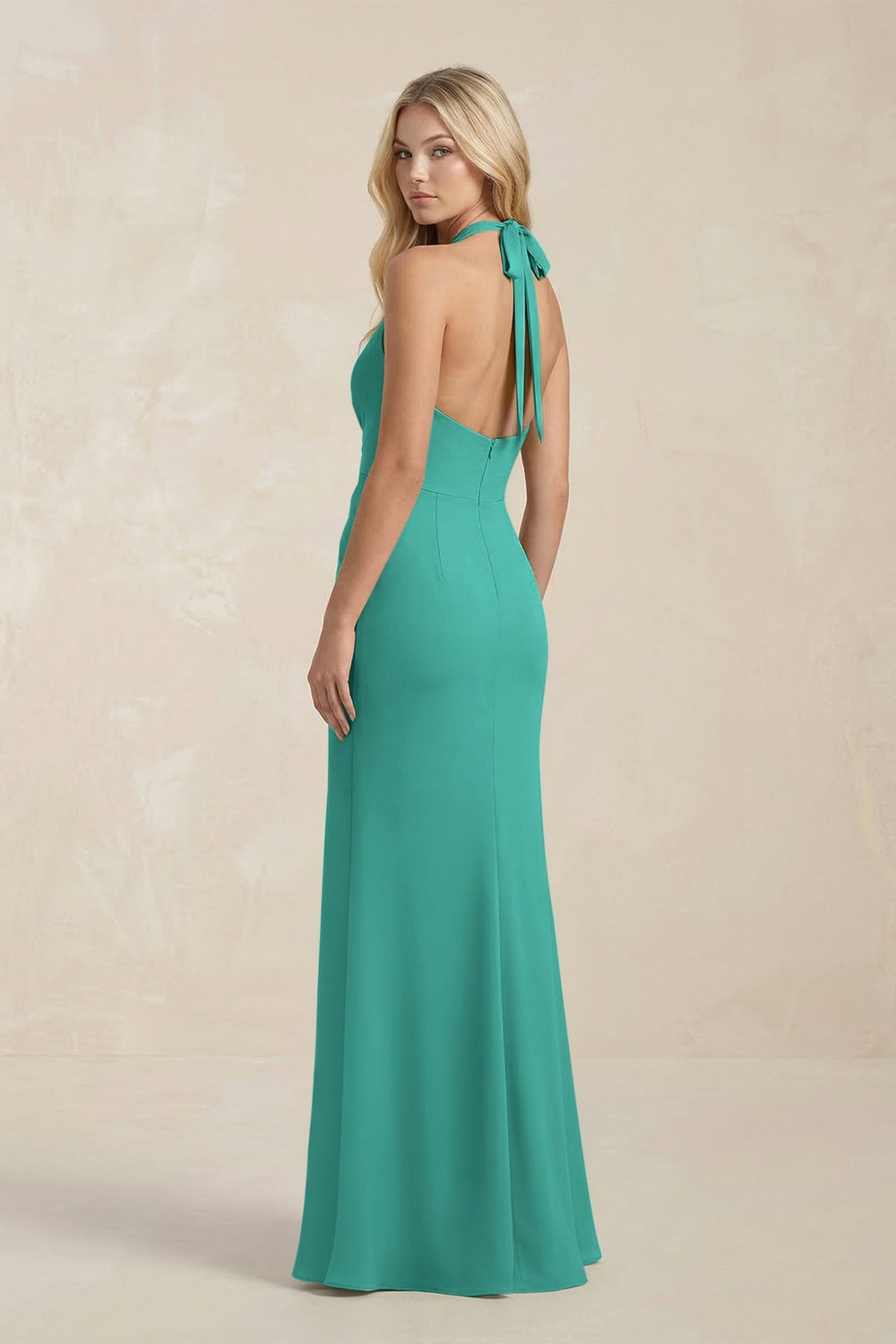 Ruched V - Neck Sheath Bridesmaid Dress With Bow in Sea Glass - KISS BRIDAL Bridesmaid Dresses