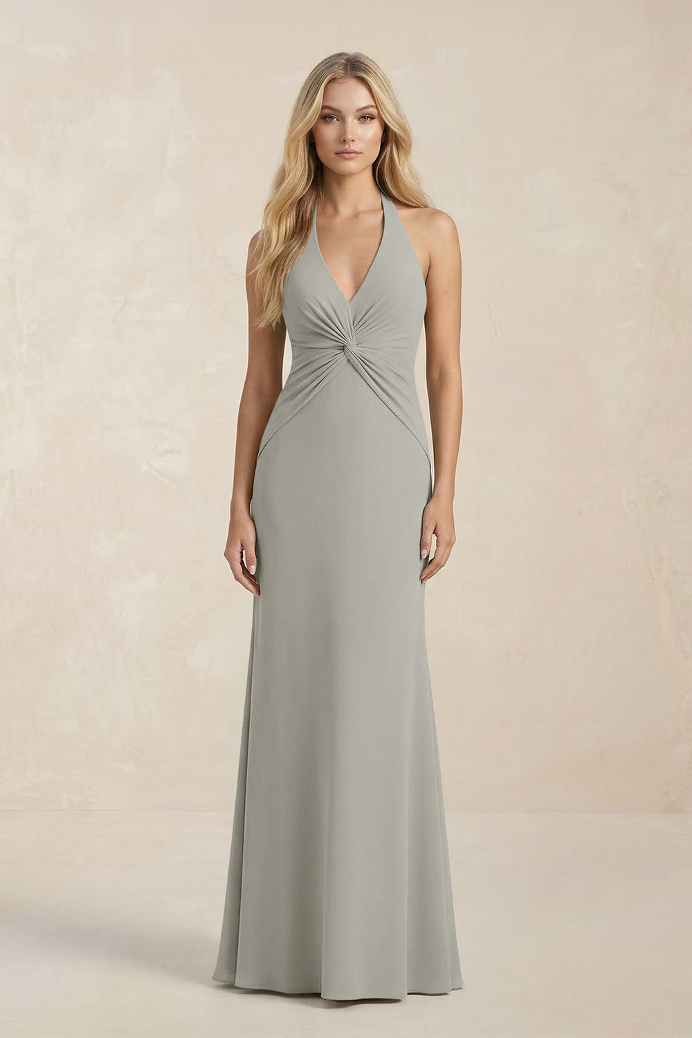 Ruched V - Neck Sheath Bridesmaid Dress With Bow in Silver - KISS BRIDAL Bridesmaid Dresses