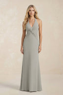 Ruched V - Neck Sheath Bridesmaid Dress With Bow in Silver - KISS BRIDAL Bridesmaid Dresses