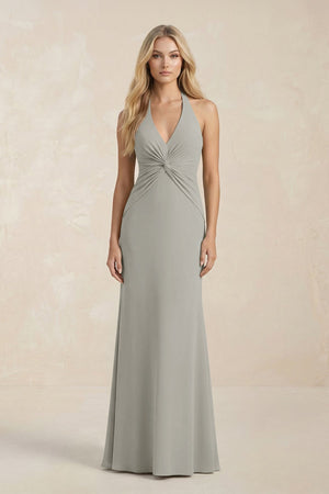 Ruched V - Neck Sheath Bridesmaid Dress With Bow in Silver - KISS BRIDAL Bridesmaid Dresses