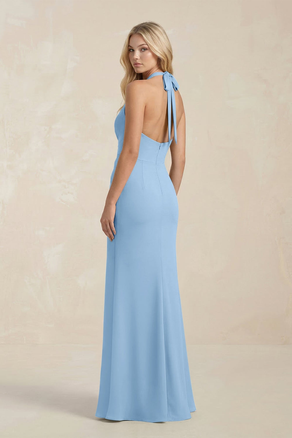 Ruched V - Neck Sheath Bridesmaid Dress With Bow in Sky Blue - KISS BRIDAL Bridesmaid Dresses