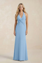 Ruched V - Neck Sheath Bridesmaid Dress With Bow in Sky Blue - KISS BRIDAL Bridesmaid Dresses