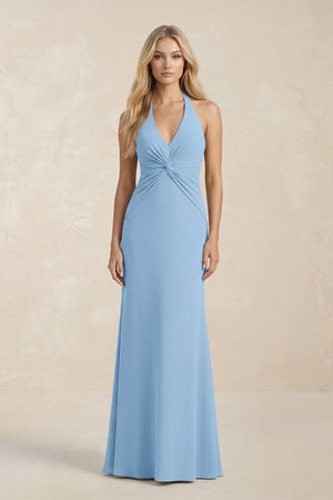 Ruched V - Neck Sheath Bridesmaid Dress With Bow in Sky Blue - KISS BRIDAL Bridesmaid Dresses
