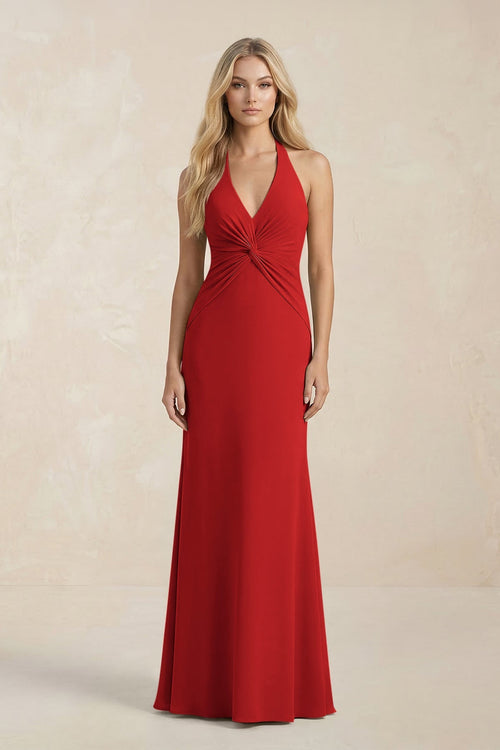 Ruched V - Neck Sheath Bridesmaid Dress With Bow in Spice - KISS BRIDAL Bridesmaid Dresses