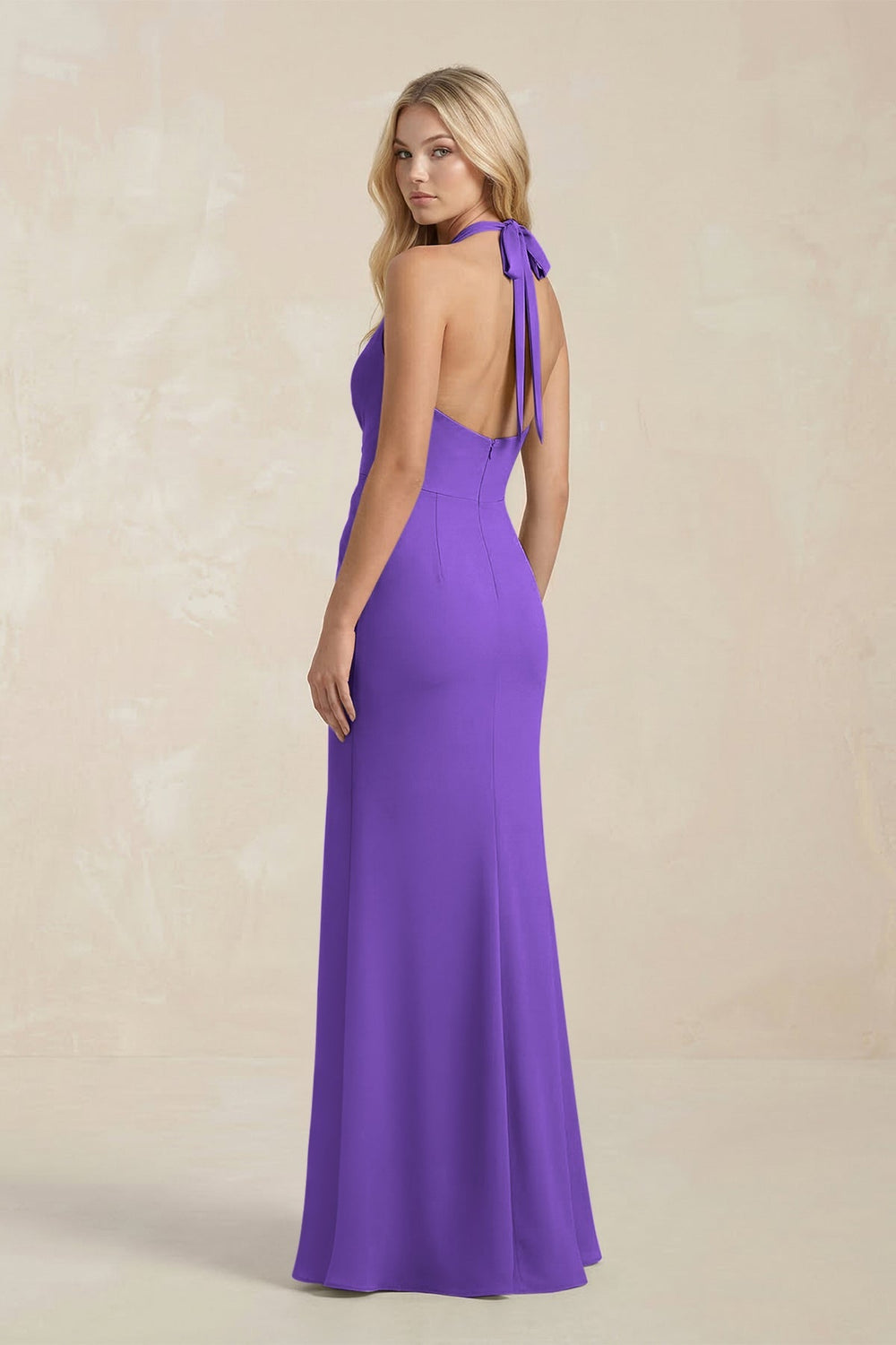 Ruched V - Neck Sheath Bridesmaid Dress With Bow in Tahiti - KISS BRIDAL Bridesmaid Dresses