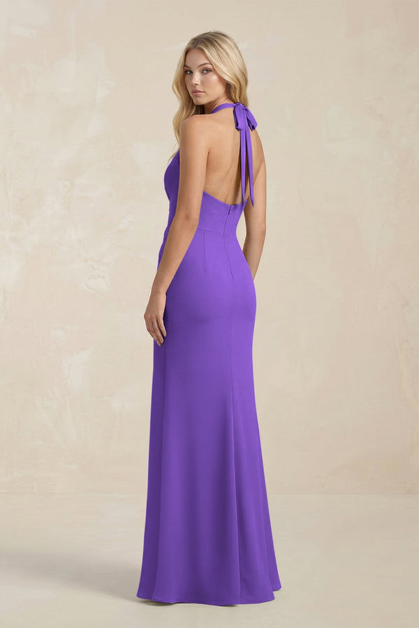 Ruched V - Neck Sheath Bridesmaid Dress With Bow in Tahiti - KISS BRIDAL Bridesmaid Dresses