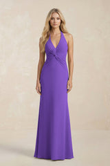 Ruched V - Neck Sheath Bridesmaid Dress With Bow in Tahiti - KISS BRIDAL Bridesmaid Dresses