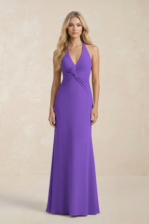 Ruched V - Neck Sheath Bridesmaid Dress With Bow in Tahiti - KISS BRIDAL Bridesmaid Dresses