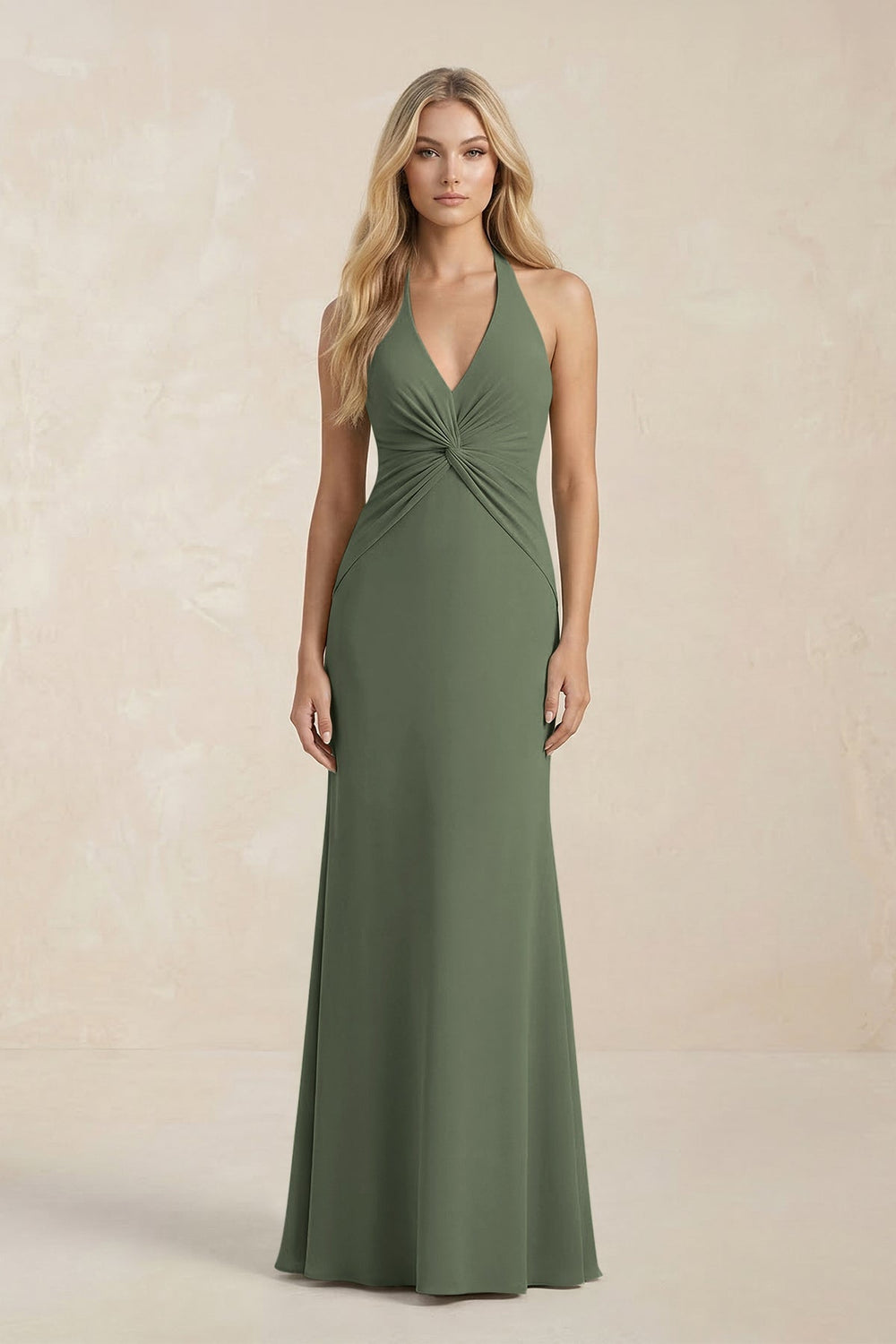 Ruched V - Neck Sheath Bridesmaid Dress With Bow in Thyme - KISS BRIDAL Bridesmaid Dresses