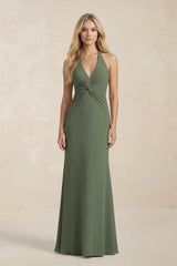 Ruched V - Neck Sheath Bridesmaid Dress With Bow in Thyme - KISS BRIDAL Bridesmaid Dresses
