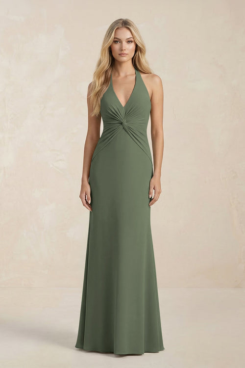 Ruched V - Neck Sheath Bridesmaid Dress With Bow in Thyme - KISS BRIDAL Bridesmaid Dresses