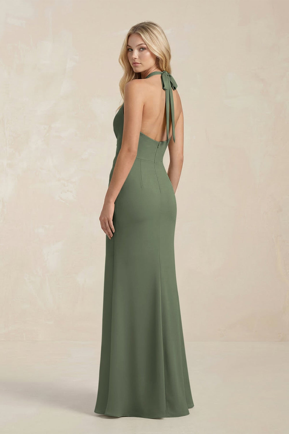 Ruched V - Neck Sheath Bridesmaid Dress With Bow in Thyme - KISS BRIDAL Bridesmaid Dresses