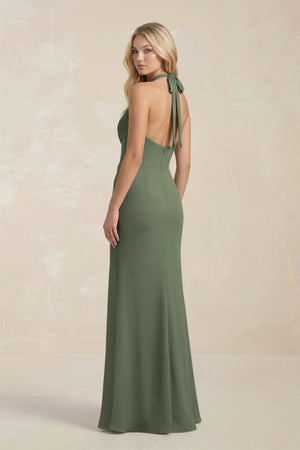 Ruched V - Neck Sheath Bridesmaid Dress With Bow in Thyme - KISS BRIDAL Bridesmaid Dresses