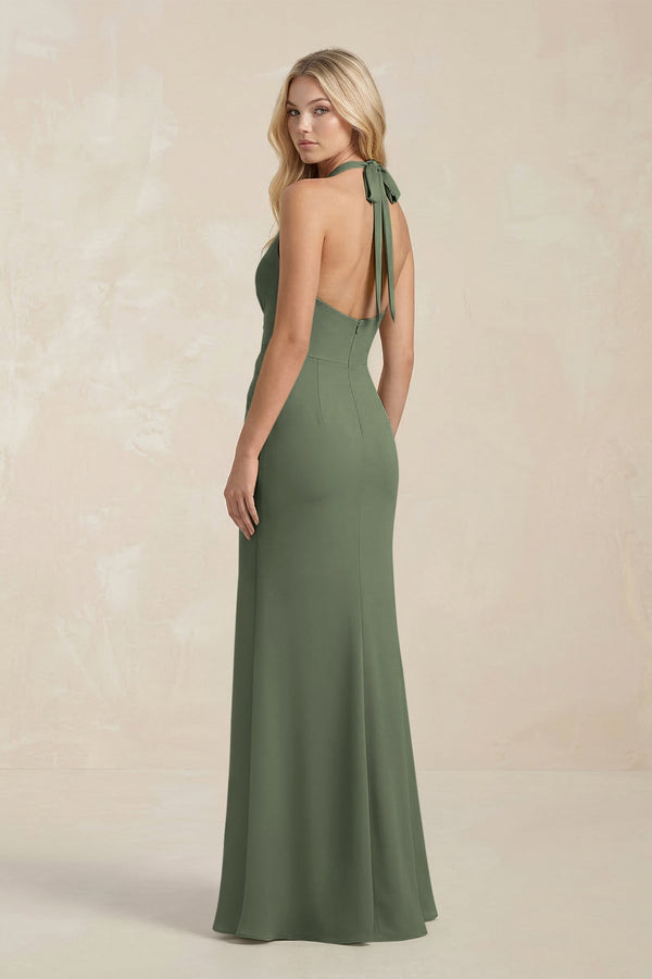Ruched V - Neck Sheath Bridesmaid Dress With Bow in Thyme - KISS BRIDAL Bridesmaid Dresses
