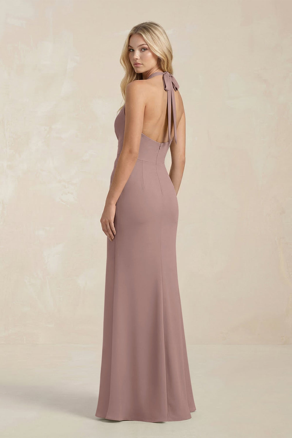 Ruched V - Neck Sheath Bridesmaid Dress With Bow in Toffee - KISS BRIDAL Bridesmaid Dresses