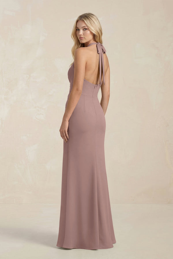 Ruched V - Neck Sheath Bridesmaid Dress With Bow in Toffee - KISS BRIDAL Bridesmaid Dresses
