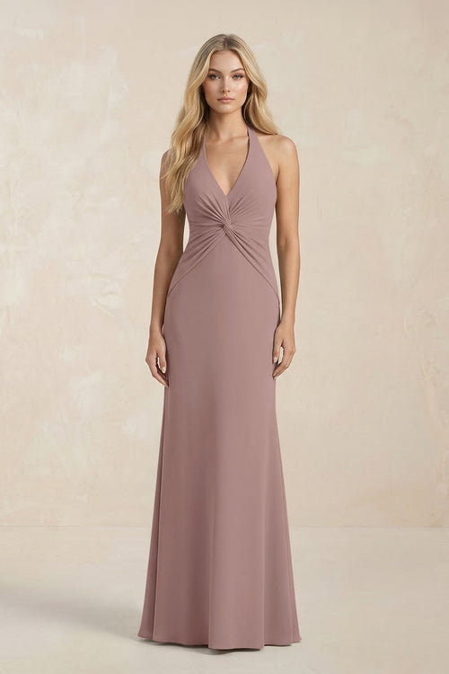 Ruched V - Neck Sheath Bridesmaid Dress With Bow in Toffee - KISS BRIDAL Bridesmaid Dresses