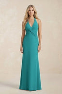 Ruched V - Neck Sheath Bridesmaid Dress With Bow in Turquoise - KISS BRIDAL Bridesmaid Dresses
