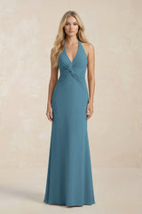 Ruched V - Neck Sheath Bridesmaid Dress With Bow in Twilight - KISS BRIDAL Bridesmaid Dresses