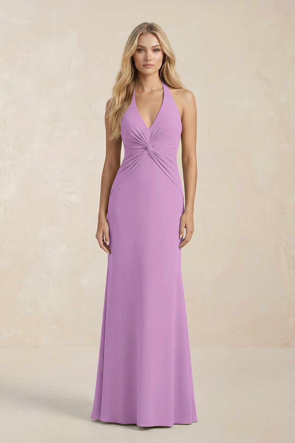 Ruched V - Neck Sheath Bridesmaid Dress With Bow in Vintage Mauve - KISS BRIDAL Bridesmaid Dresses
