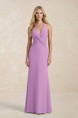 Ruched V - Neck Sheath Bridesmaid Dress With Bow in Vintage Mauve - KISS BRIDAL Bridesmaid Dresses