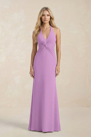 Ruched V - Neck Sheath Bridesmaid Dress With Bow in Vintage Mauve - KISS BRIDAL Bridesmaid Dresses