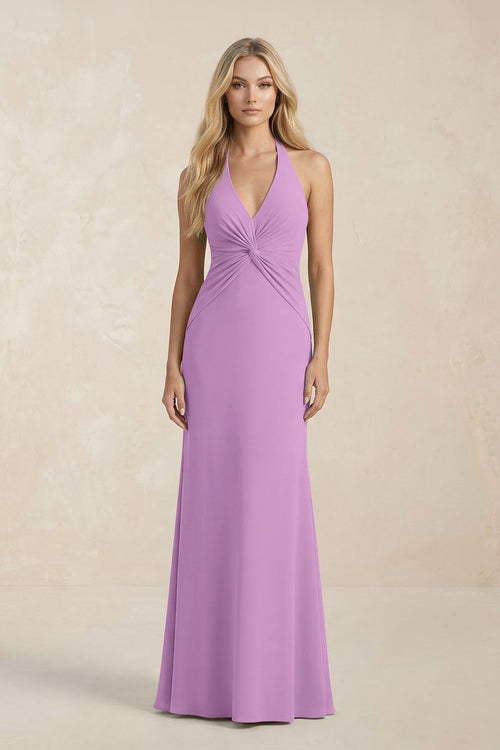 Ruched V - Neck Sheath Bridesmaid Dress With Bow in Vintage Mauve - KISS BRIDAL Bridesmaid Dresses