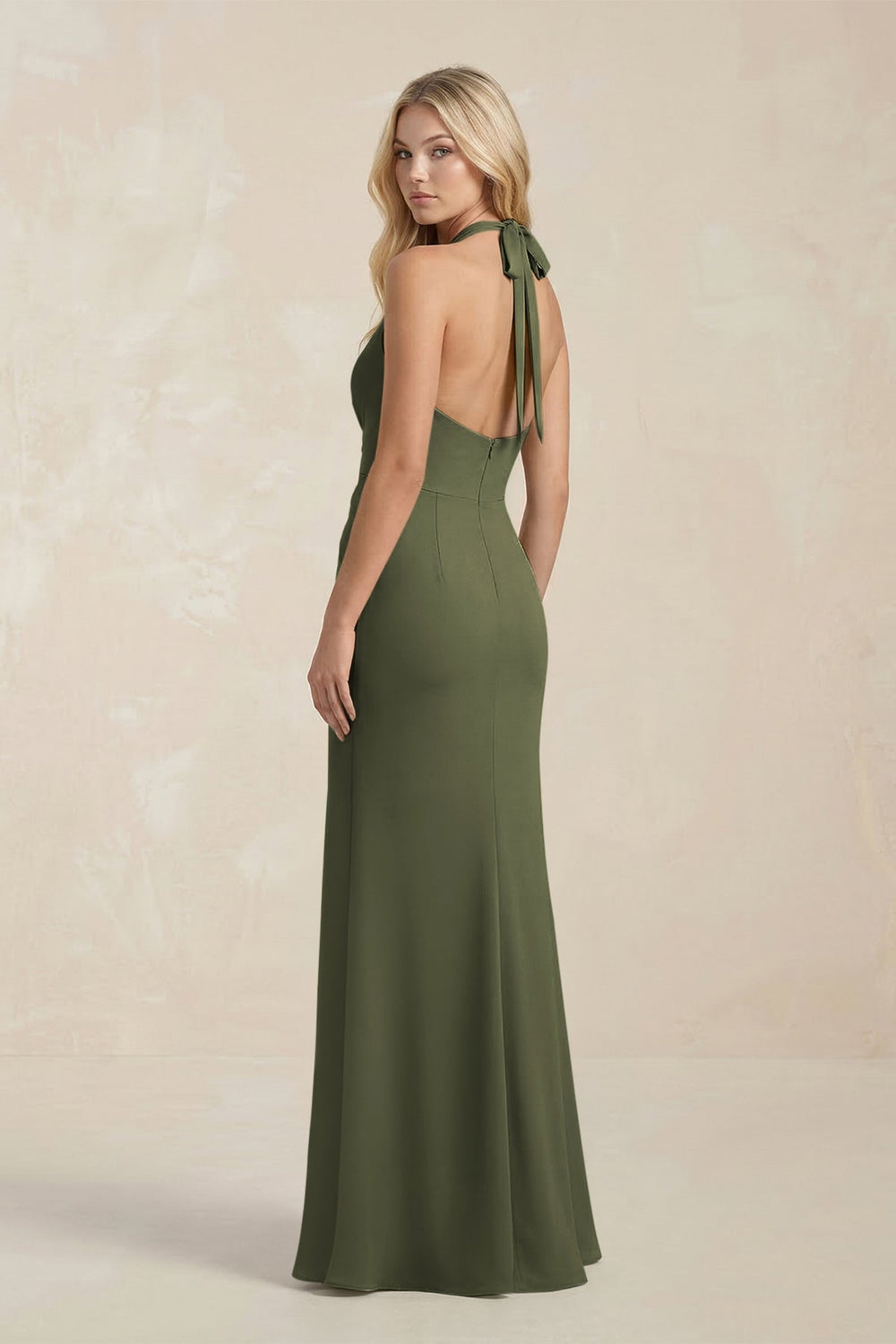 Ruched V - Neck Sheath Bridesmaid Dress With Bow in Willow Green - KISS BRIDAL Bridesmaid Dresses