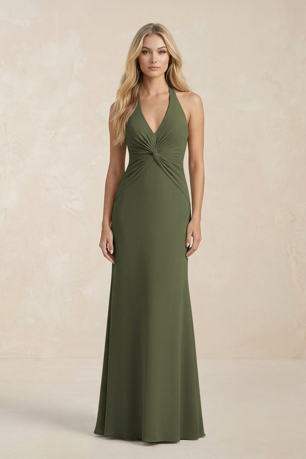 Ruched V - Neck Sheath Bridesmaid Dress With Bow in Willow Green - KISS BRIDAL Bridesmaid Dresses